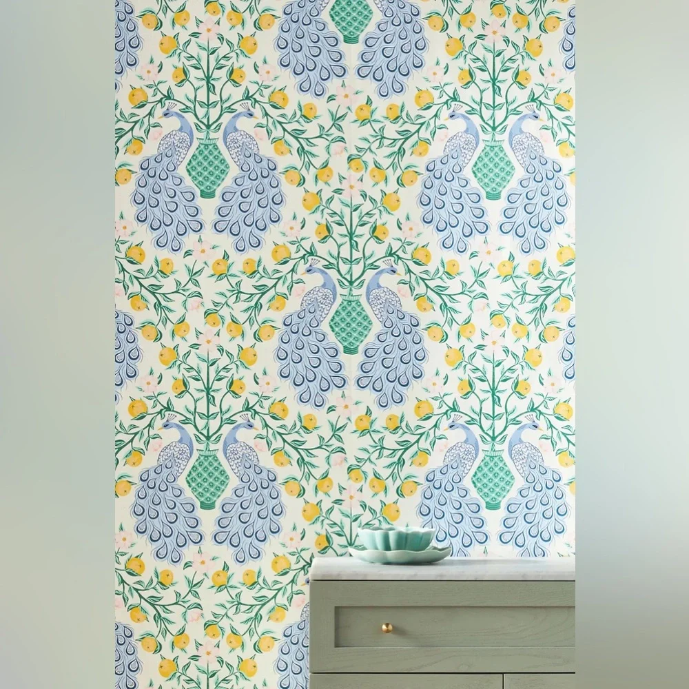 New Anthropologie Home Decor Milton & King Lemon Peacock Wallpaper Wall Paper